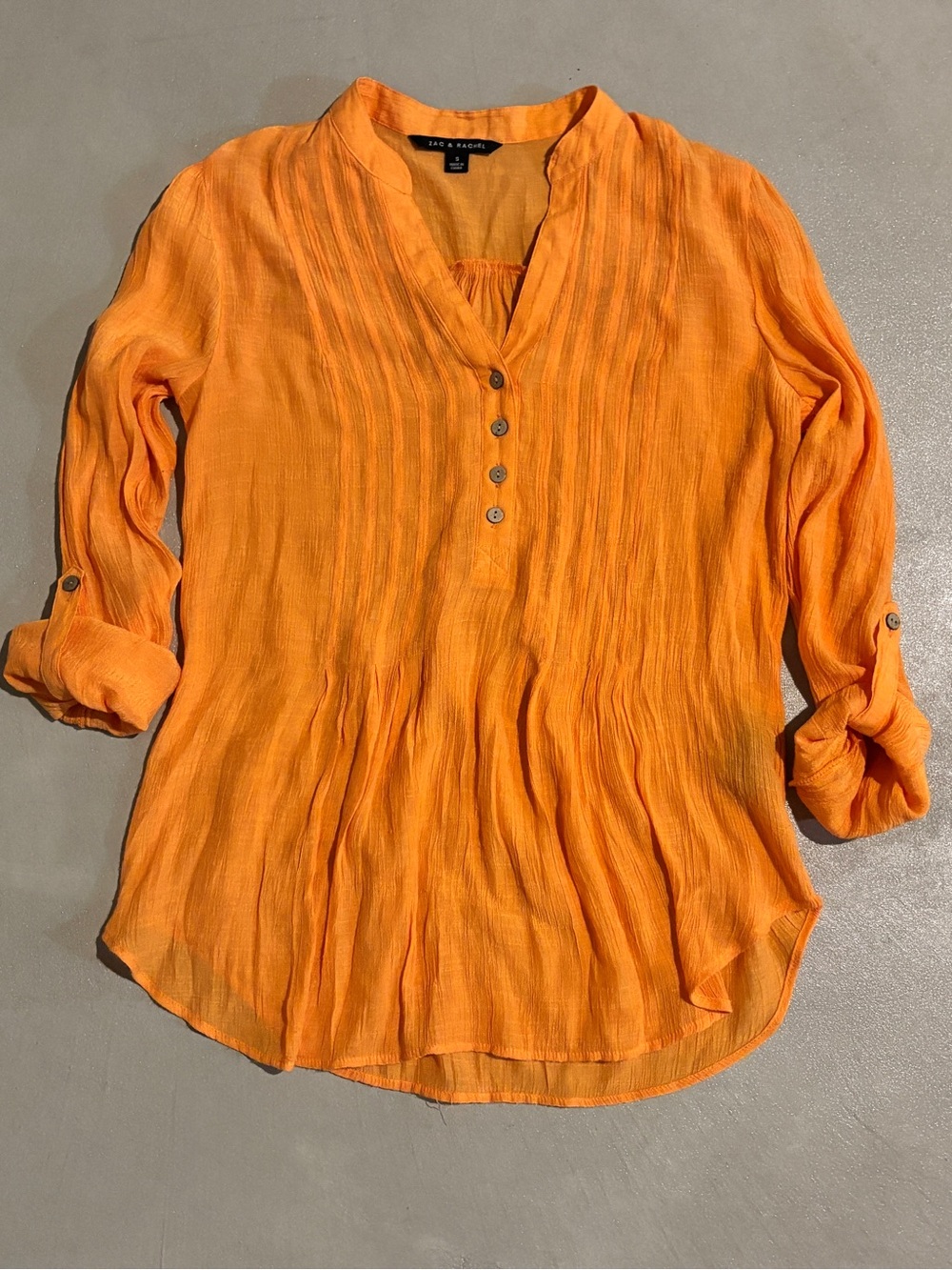 Zac & Rachel Orange Pintuck Pleated Roll-Tab Blouse - Size Small